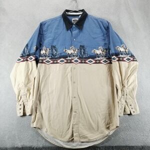 Cumberland Outfitters Shirt Mens XL Blue Tan Western Horse Print Snap Front‎